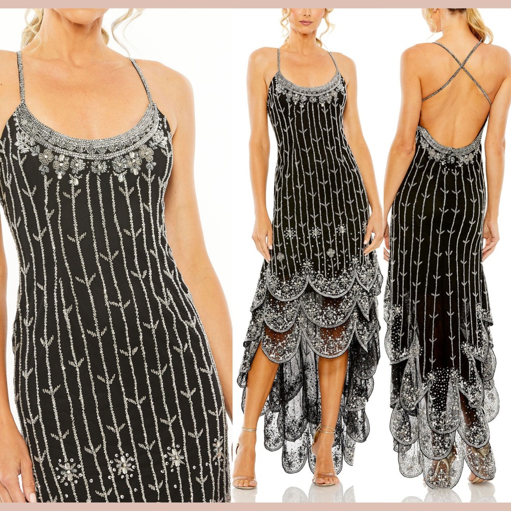 NWT Mac Duggal‎ [ 8 ] 93962 High Low Scallop Hem Dress in Black Silver #S2077